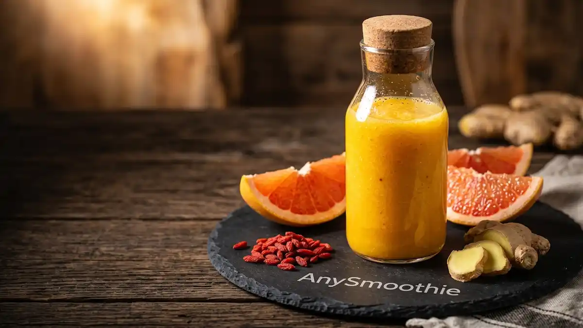 A vibrant citrus-based smoothie in a minimalist glass bottle with laser-etched AnySmoothie branding, surrounded by fresh grapefruit, ginger, and barberries, designed to support physiological systems through specific nutritional inputs.