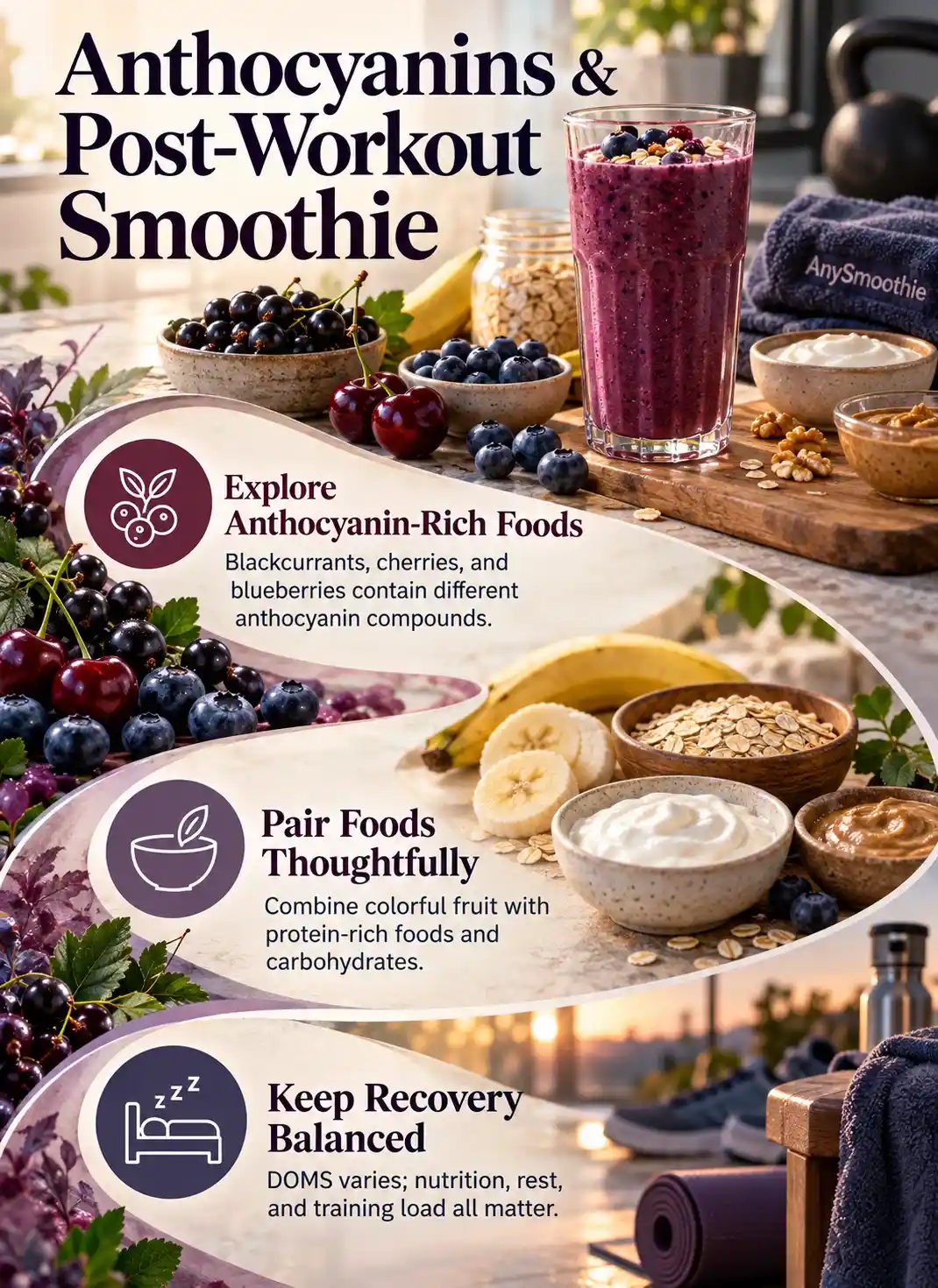 Infographic about Smoothies for Post-Workout DOMS, featuring anthocyanin-rich blackcurrants, cherries and blueberries, paired with yogurt, oats, banana and walnut butter, with guidance on balanced nutrition, rest and exercise recovery.