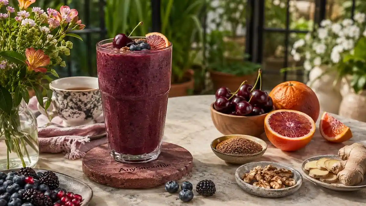 Anti-inflammatory smoothies for arthritis nutrition support featuring a tart cherry blueberry smoothie with blackberries, blood orange, walnuts, flaxseed, ginger, and pomegranate in a bright garden conservatory setting.