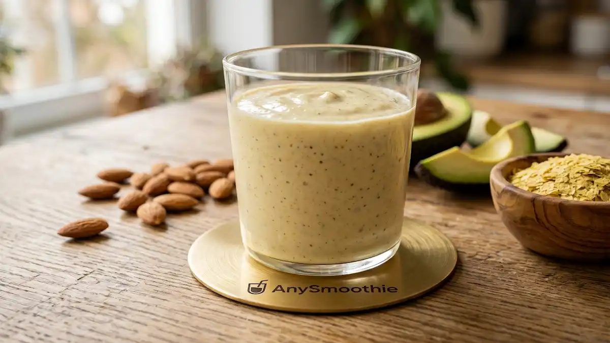 A high-performance AnySmoothie beverage featuring avocado, almonds, and nutritional yeast, formulated to support physiological systems and optimize natural pathways for carboxylase enzyme function through bioavailable biotin.