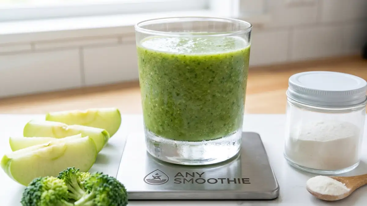 High-performance pale-green smoothie in a heavy glass on a laser-etched 'AnySmoothie' platinum coaster, featuring fresh apple slices, broccoli, and a jar of calcium d-glucarate powder to support physiological systems.
