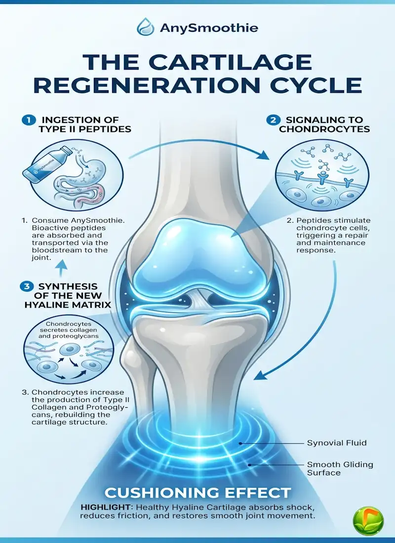 Professional infographic showing the three stages of the cartilage regeneration cycle using AnySmoothie collagen type II peptides: ingestion, chondrocyte signaling, and hyaline matrix synthesis in a human knee joint.