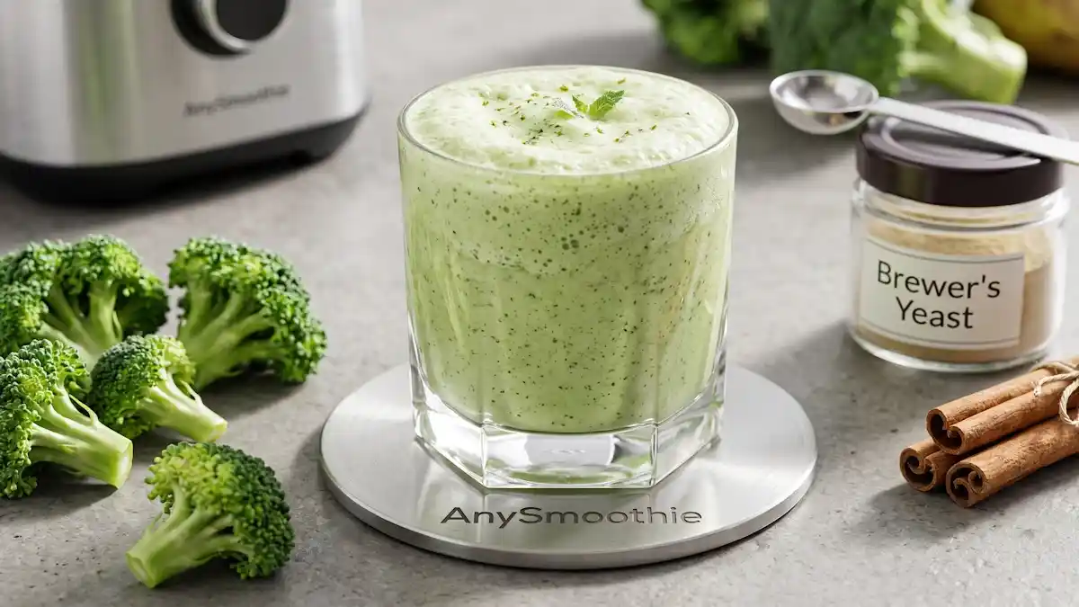 High-performance light-green smoothie in a geometric crystal glass on a laser-etched AnySmoothie platinum coaster, featuring broccoli, Ceylon cinnamon, and brewer’s yeast to optimize natural pathways for insulin receptor sensitivity.