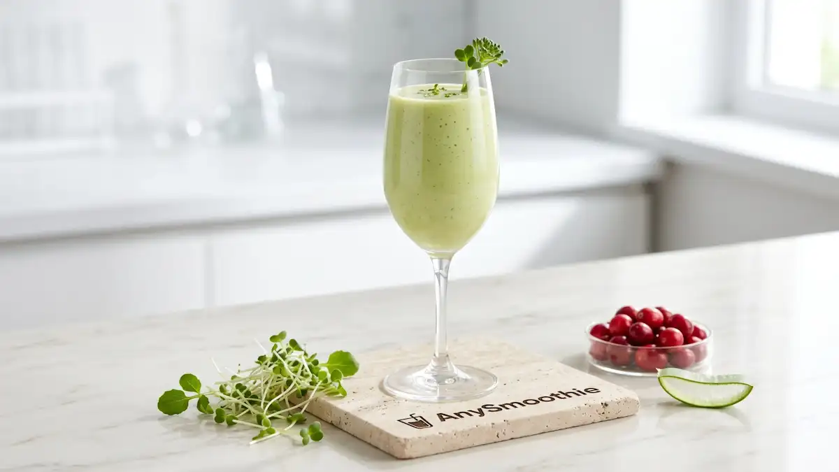 A clinical aesthetic shot of a pale green AnySmoothie in a glass flute, featuring broccoli sprouts, cranberries, and aloe vera to illustrate smoothies for gastric microbial balance and optimizing natural digestive pathways.