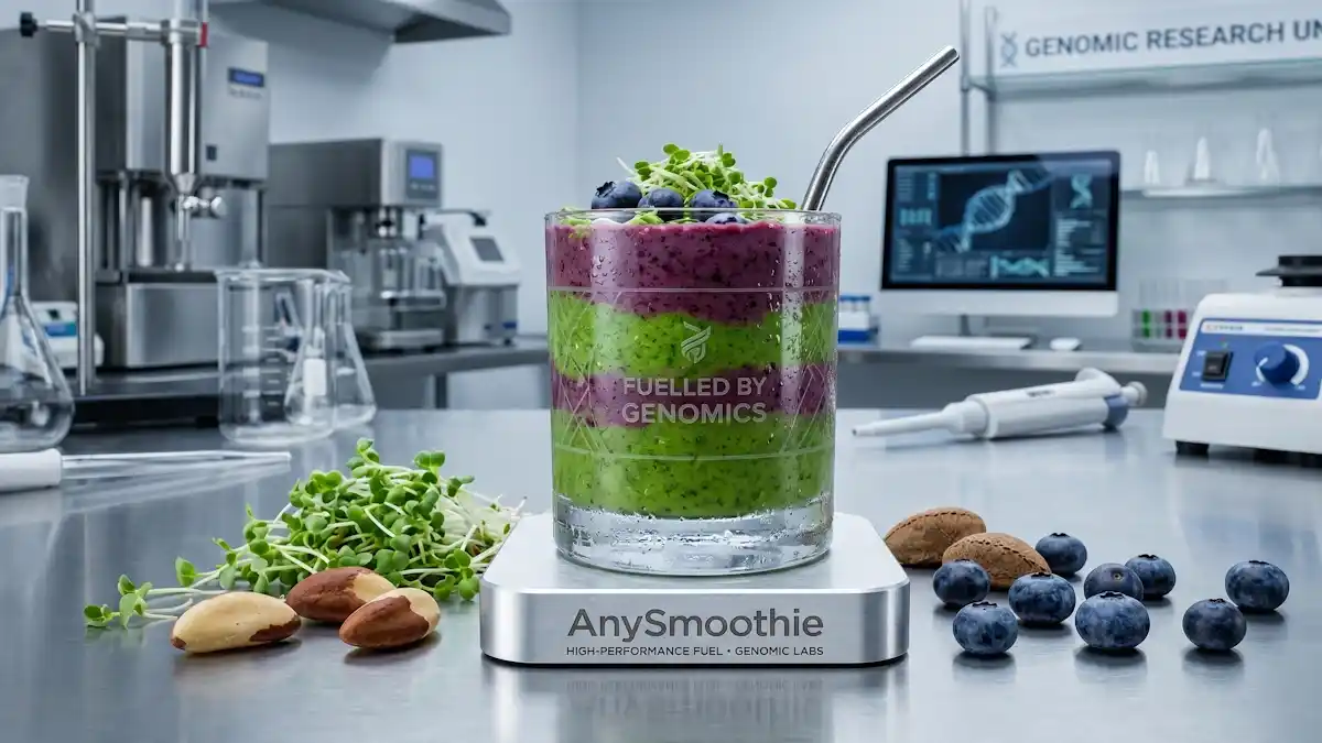A high-performance layered green and purple smoothie in an etched glass featuring the AnySmoothie logo, displayed in a clinical genomic research lab environment with broccoli sprouts, Brazil nuts, and wild blueberries to illustrate smoothies for genomic stability support.