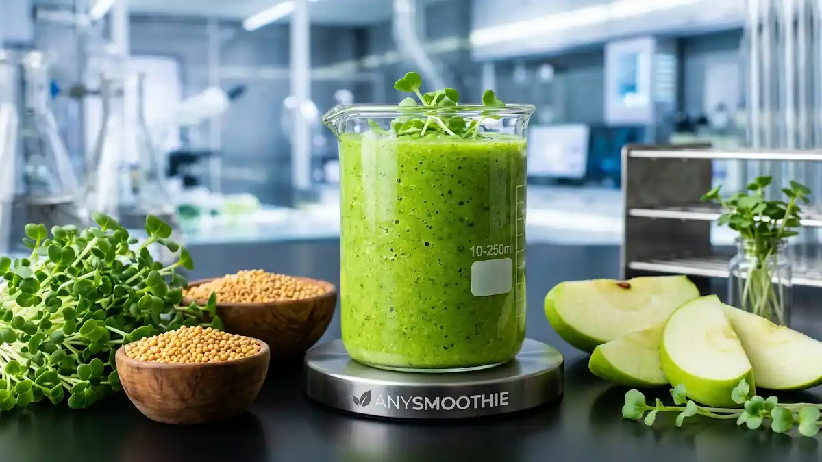 A high-performance green smoothie in a laboratory beaker glass featuring the AnySmoothie logo, surrounded by broccoli sprouts and mustard seeds to optimize natural pathways for glucoraphanin bioavailability and cellular defense.