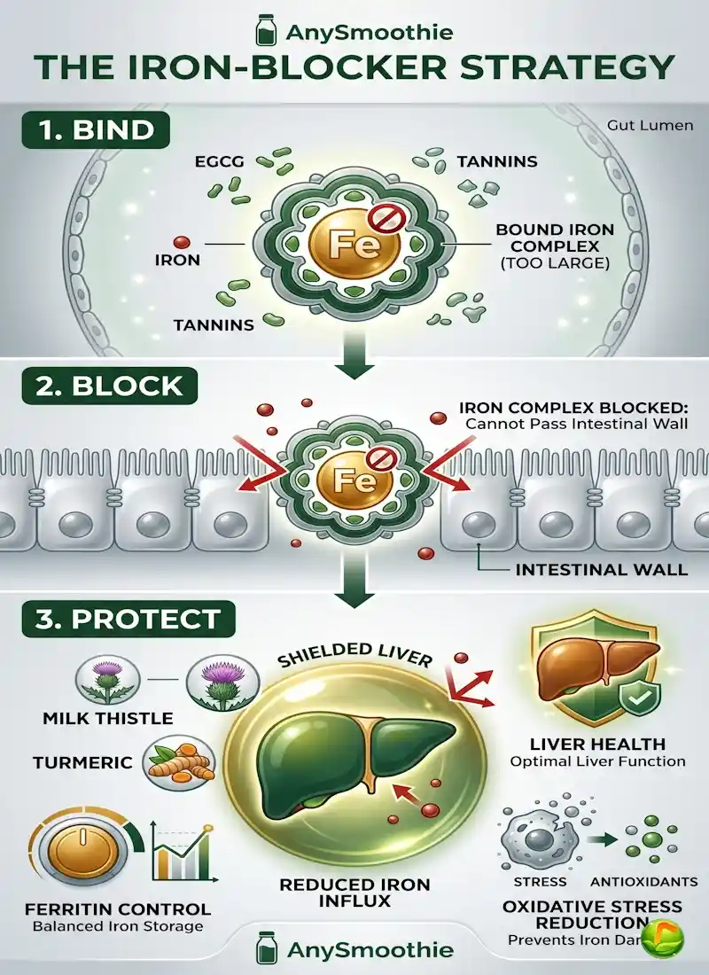 Professional infographic by AnySmoothie titled 'The Iron-Blocker Strategy', explaining how specific smoothies for iron overload work through a 3-step biohacking process: binding iron with EGCG and Tannins, blocking absorption in the intestinal wall, and protecting the liver with Milk Thistle and Turmeric.