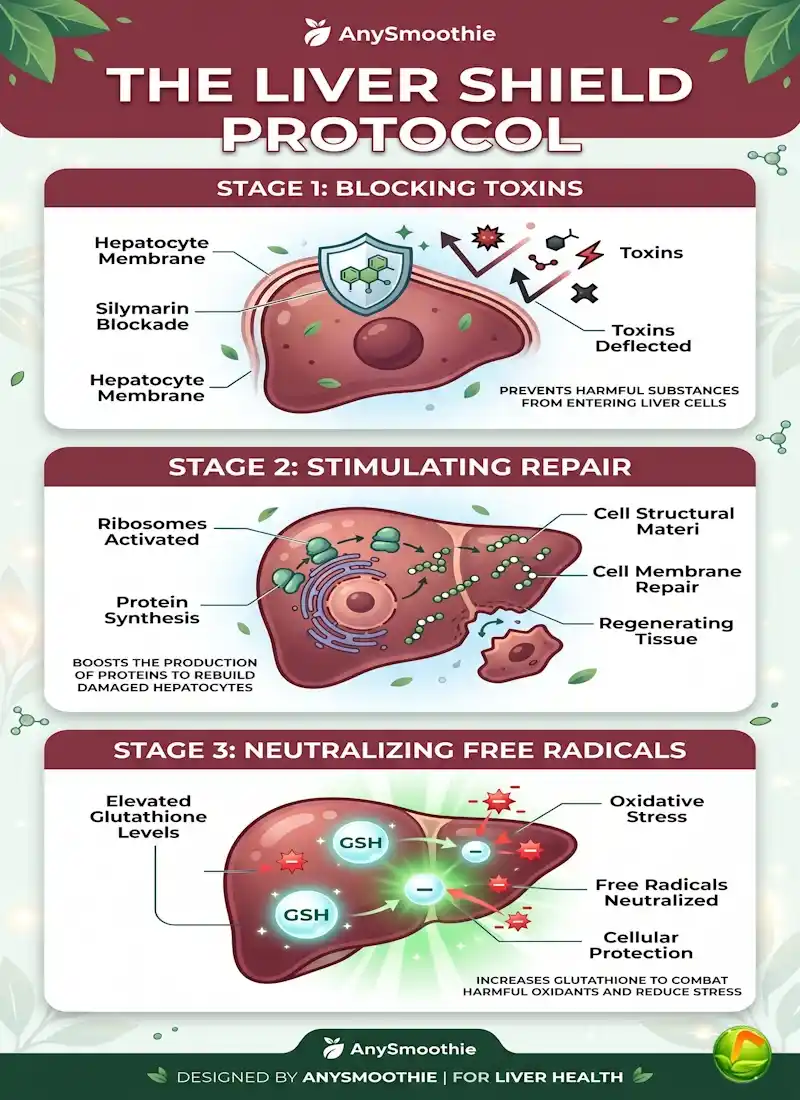 "Infographic titled 'The Liver Shield Protocol' by AnySmoothie, detailing the three stages of Silymarin action: blocking toxins from hepatocytes, stimulating protein synthesis for cell repair, and neutralizing free radicals via glutathione boost."