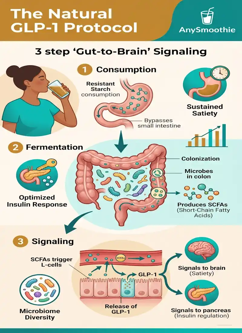 Infographic explaining the AnySmoothie Natural GLP-1 Protocol using resistant starch smoothies for GLP-1 optimization through a 3-step gut-to-brain signaling process involving fermentation and SCFA production.