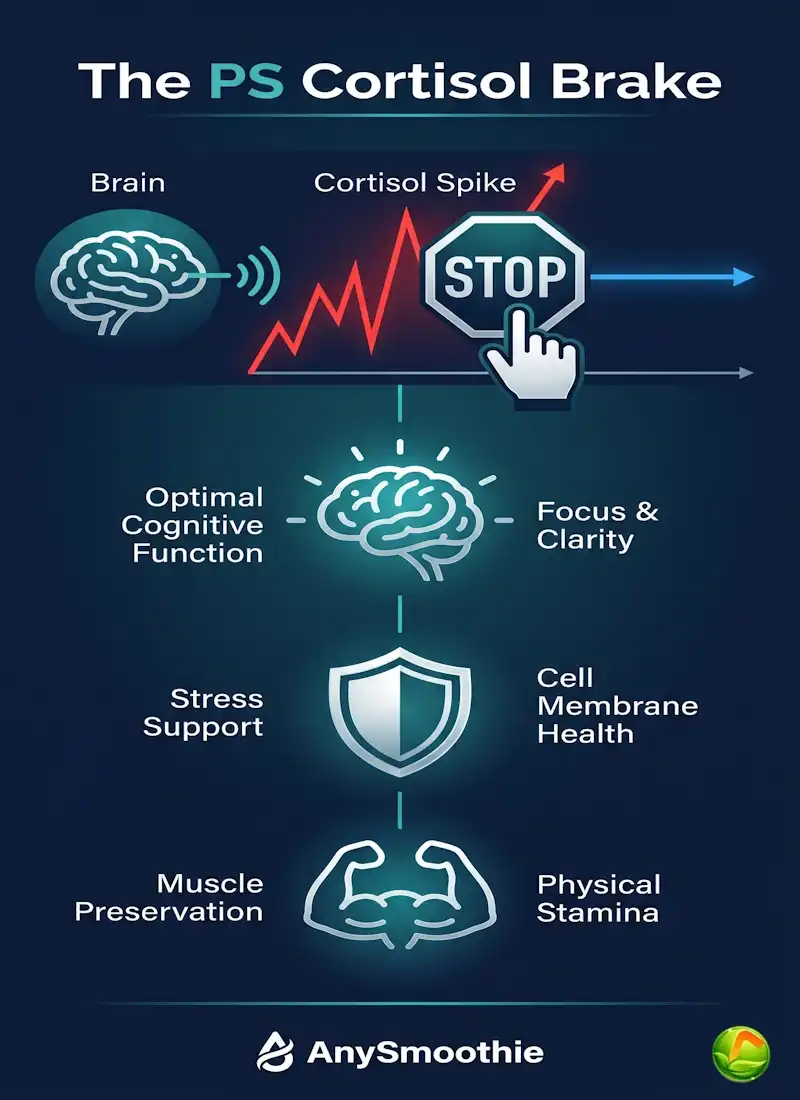 Minimalist AnySmoothie infographic titled 'The PS Cortisol Brake' showing a brain icon stopping a red cortisol spike and transitioning it into a smooth blue line, with icons for brain health, stress shield, and muscle preservation.