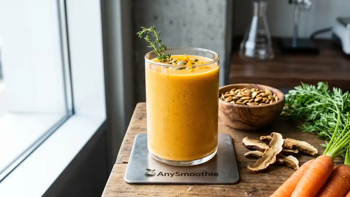 A minimalist glass cylinder containing a pumpkin and carrot smoothie, featuring ingredients designed for supporting secretory IgA production and optimizing mucosal barrier defense.