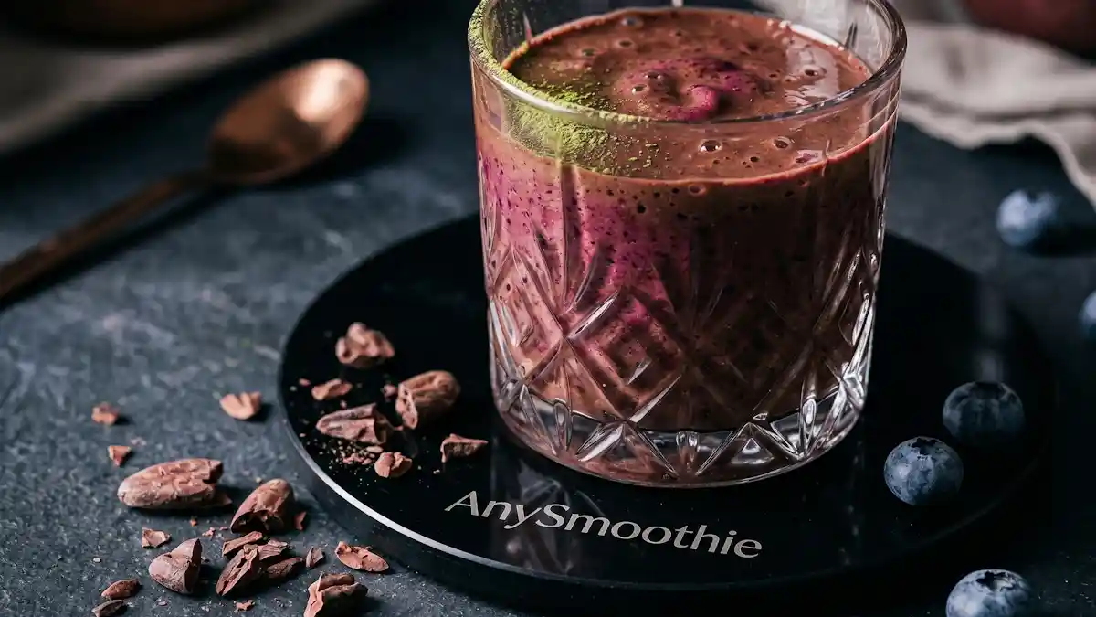 High-end dark chocolate and berry smoothie on a laser-etched AnySmoothie obsidian coaster, designed for sirtuin pathway activation and optimized physiological support.