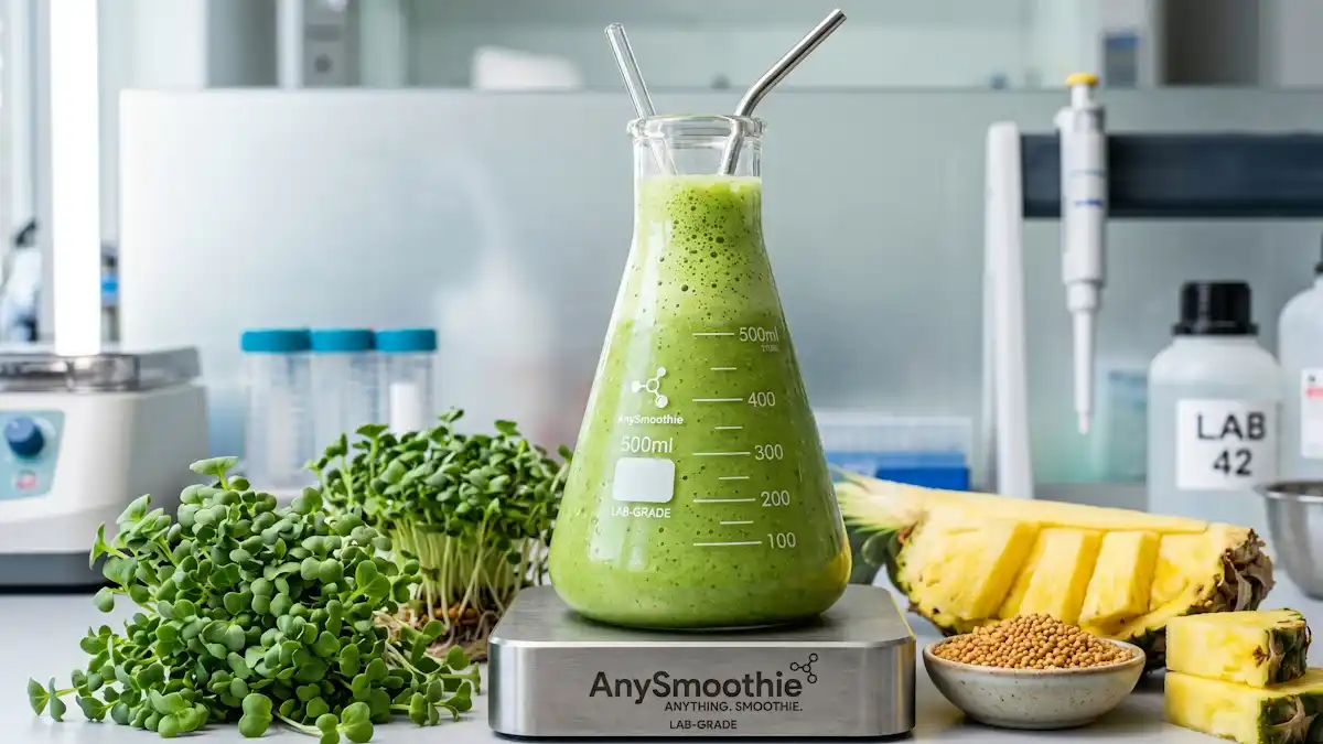 AnySmoothie functional green drink in a lab-grade flask featuring broccoli sprouts and mustard seeds to optimize sulforaphane bioavailability and Nrf2 pathway upregulation.