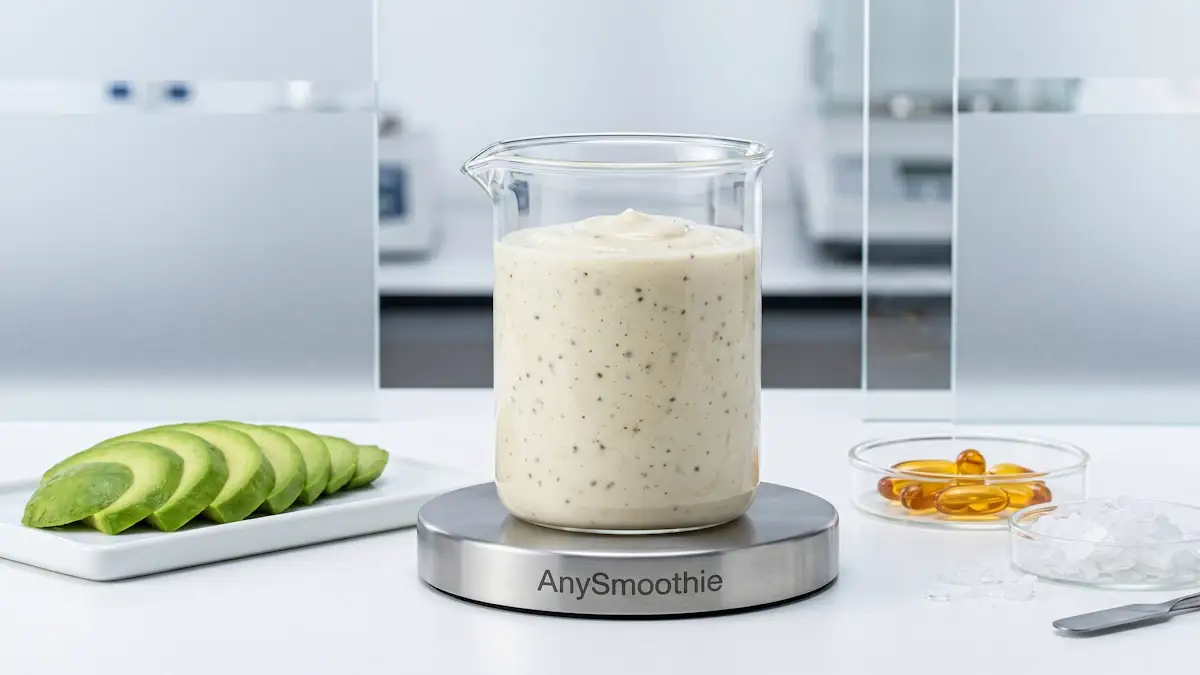 High-performance ivory almond and chia seed smoothie by AnySmoothie in a laboratory beaker, formulated with vitamin D co-factor smoothies for calcium signaling, featuring fresh avocado, D3 K2 lipid drops, and magnesium flakes.