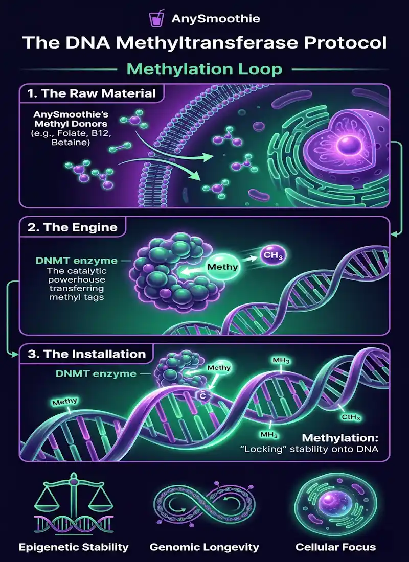 Professional infographic titled The DNA Methyltransferase Protocol for AnySmoothie, showing the biochemical methylation loop: methyl donors entering a cell, the DNMT enzyme carrying a methyl group, and the installation of glowing methyl tags on a DNA double helix for epigenetic stability and genomic longevity. High-contrast neon violet and emerald green medical illustration.