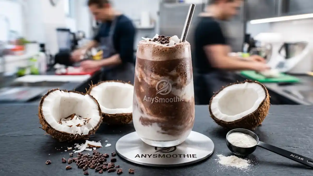 A high-performance AnySmoothie featuring dark chocolate and coconut, served with a scoop of acetyl-L-carnitine powder to support fatty acid transport.