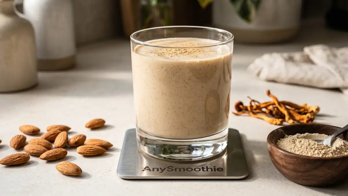 High-performance adaptogenic smoothies by AnySmoothie, featuring a smooth almond and maca blend in a heavy glass on a laser-etched titanium coaster, surrounded by raw almonds, ashwagandha powder, and cordyceps for HPA-axis resilience.
