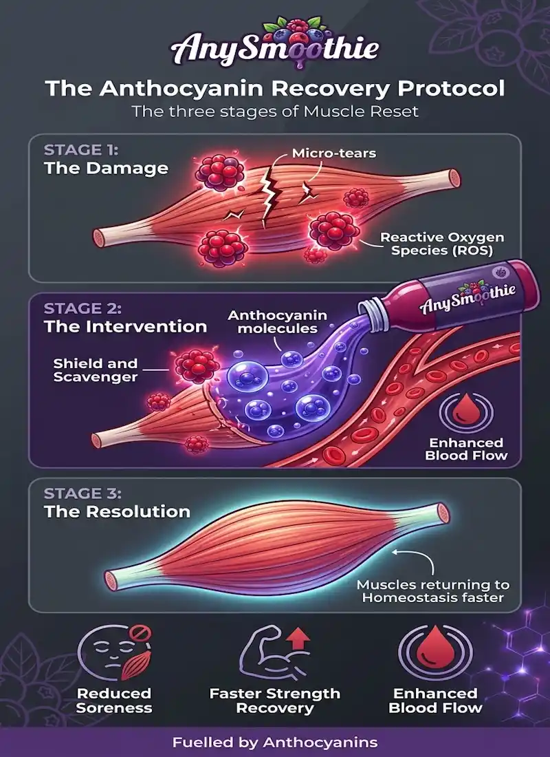 Infographic titled 'The Anthocyanin Recovery Protocol' by AnySmoothie showing a 3-stage muscle reset process: muscle micro-tears, anthocyanins scavenging free radicals, and muscles returning to homeostasis. Features icons for reduced soreness, faster strength recovery, and enhanced blood flow in deep violet and crimson style.
