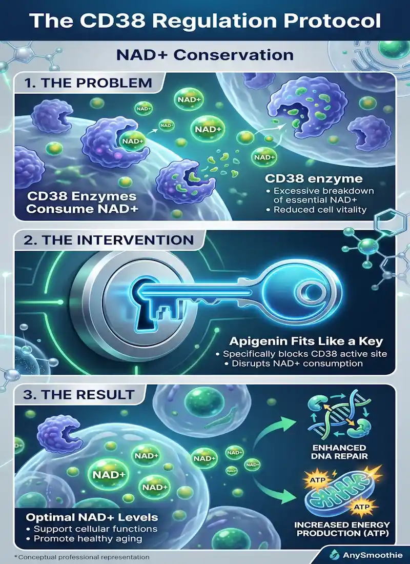 Professional vertical infographic titled "The CD38 Regulation Protocol" by AnySmoothie. It illustrates how apigenin smoothies for CD38 enzyme regulation work via a 3-step biochemical process: 1. CD38 enzymes consuming NAD+ molecules, 2. A lock-and-key mechanism showing apigenin blocking the CD38 active site, and 3. Optimized NAD+ levels supporting DNA repair and ATP energy production. Styled in electric blue, emerald green, and clinical silver.