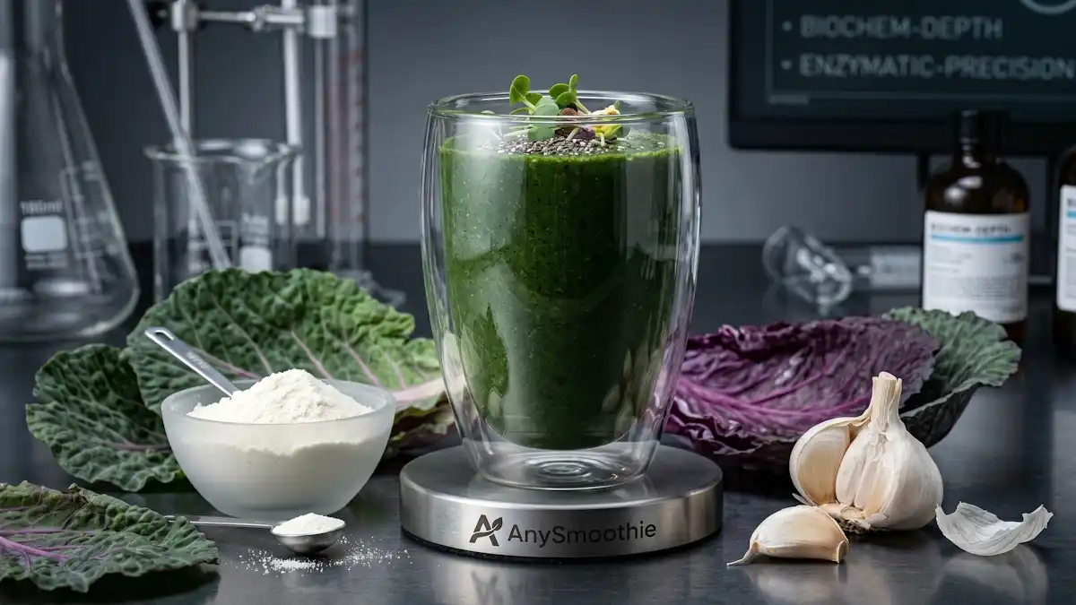 High-performance AnySmoothie green smoothie in a double-walled glass on a titanium coaster, featuring red cabbage, garlic, and whey isolate for hepatic phase II pathway optimization.