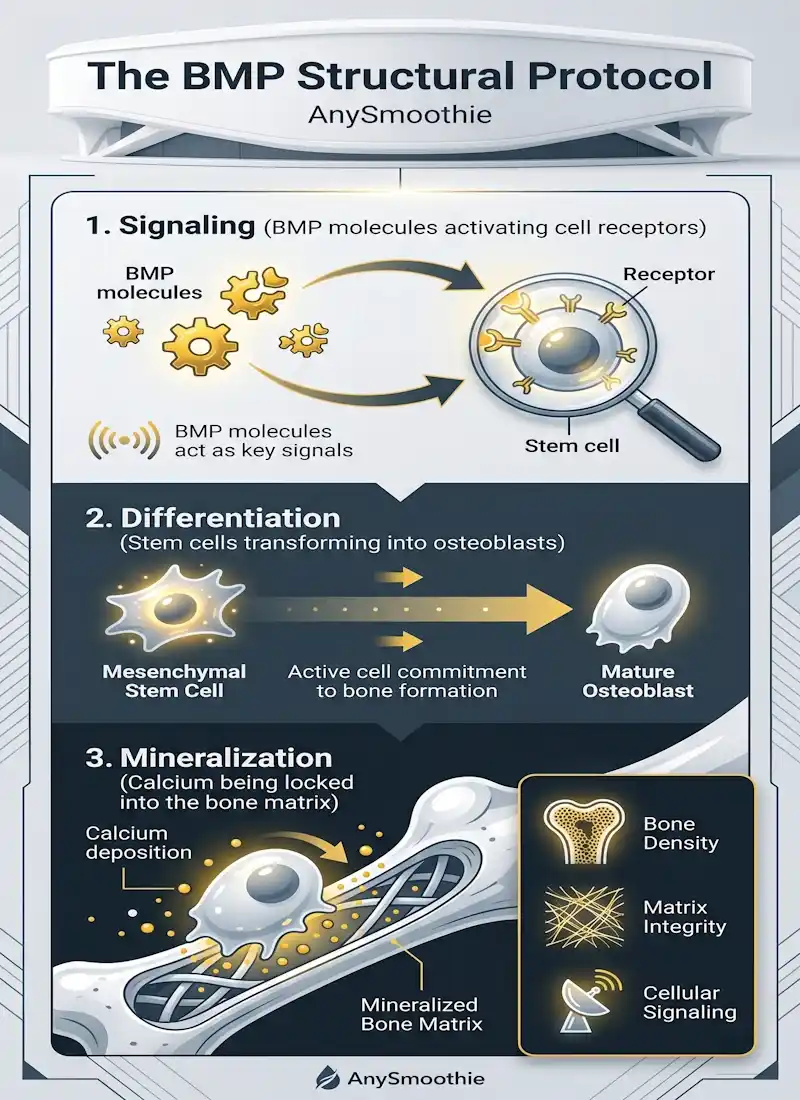 Professional vertical infographic titled 'The BMP Structural Protocol' by AnySmoothie, detailing a 3-step bone-building cycle: cellular signaling, stem cell differentiation into osteoblasts, and bone matrix mineralization, optimized for users seeking smoothies for bone morphogenetic protein support.