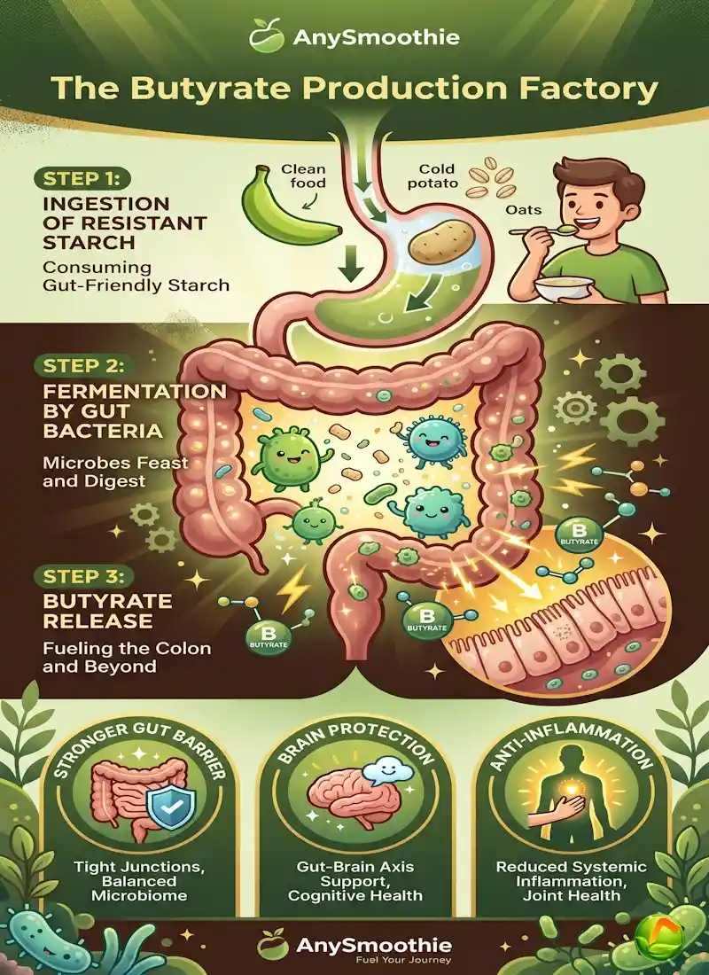 Educational infographic titled 'The Butyrate Production Factory' by AnySmoothie, showing the 3-step process from resistant starch ingestion to gut bacteria fermentation and butyrate release for gut barrier and brain protection.