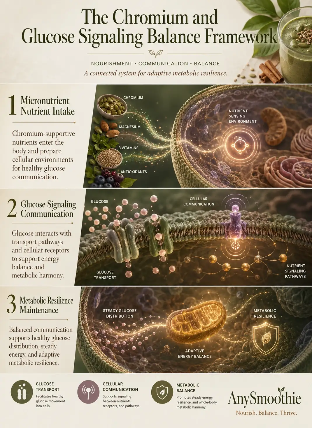 Premium wellness-science infographic illustrating a chromium smoothie for insulin receptor sensitivity, glucose signaling communication pathways, nutrient sensing environments, and adaptive metabolic balance with cinematic intracellular visuals and elegant editorial design.