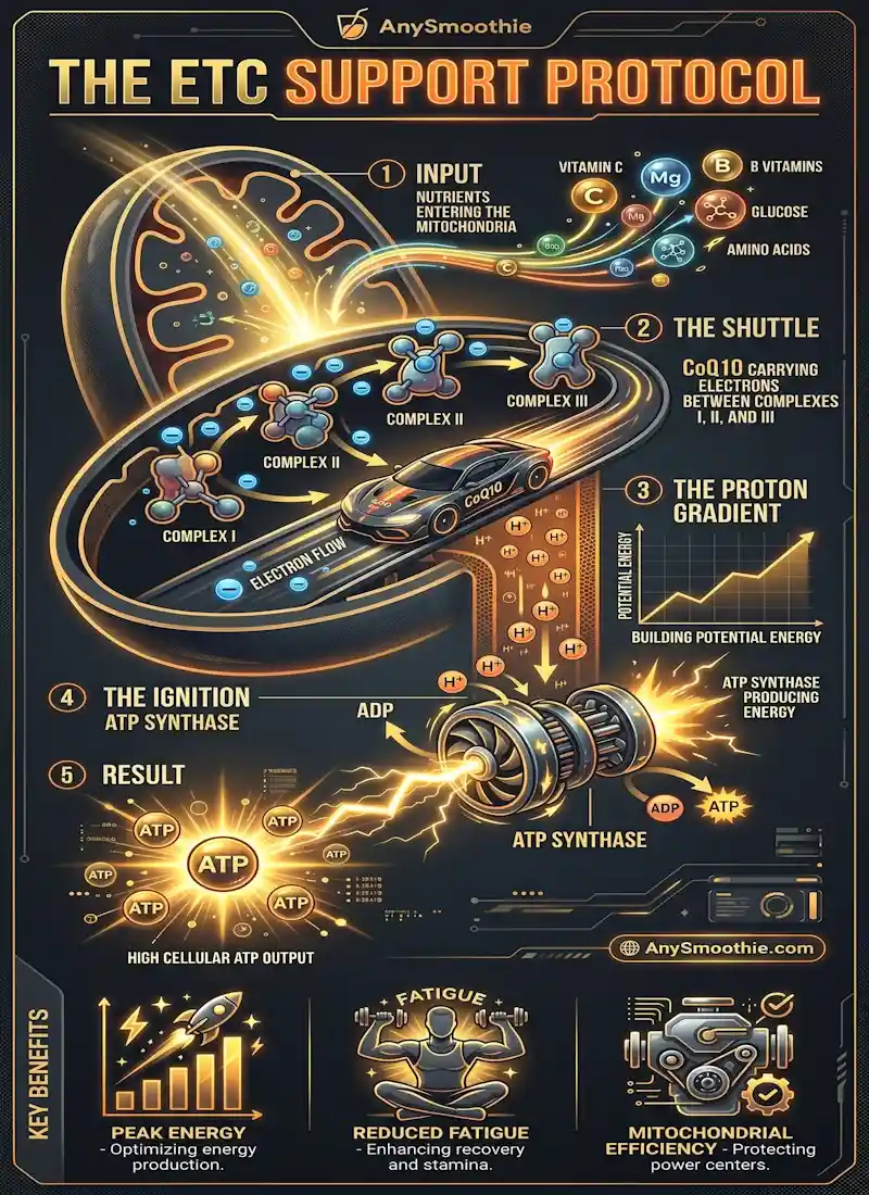 Professional infographic titled 'The ETC Support Protocol' by AnySmoothie, illustrating the 5-step mitochondrial energy process and CoQ10 smoothie for electron transport chain support in electric gold and charcoal style.