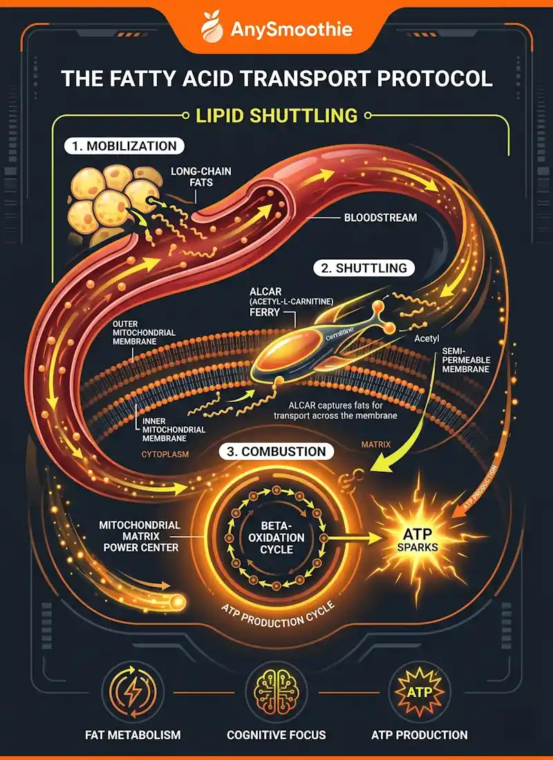 Educational infographic of the AnySmoothie Fatty Acid Transport Protocol showing how an acetyl-L-carnitine smoothie for fatty acid transport supports lipid shuttling and ATP production.