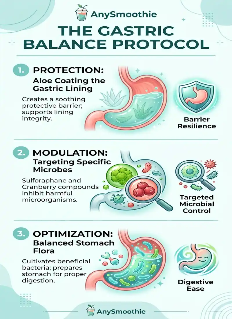Professional infographic titled 'The Gastric Balance Protocol' by AnySmoothie, detailing a three-step process: protection of the gastric lining with aloe, targeted microbial modulation with sulforaphane, and optimization of stomach flora for smoothies for gastric microbial balance.