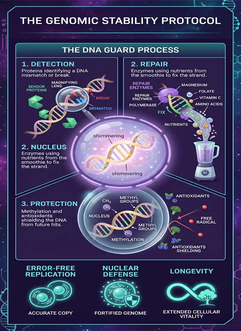 Professional infographic titled The Genomic Stability Protocol by AnySmoothie, detailing the DNA Guard process through detection, enzymatic repair, and methylation protection to support physiological systems and smoothies for genomic stability support.