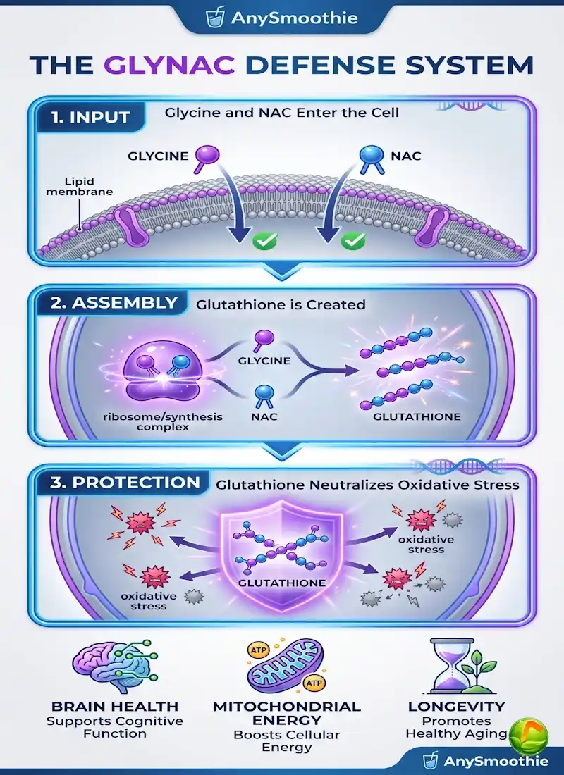 Professional biotech infographic titled 'The GlyNAC Defense System' by AnySmoothie, illustrating the 3-step cellular synthesis of glutathione from glycine and NAC smoothies: cellular input, glutathione assembly, and protection against oxidative stress for brain health, mitochondrial energy, and longevity.