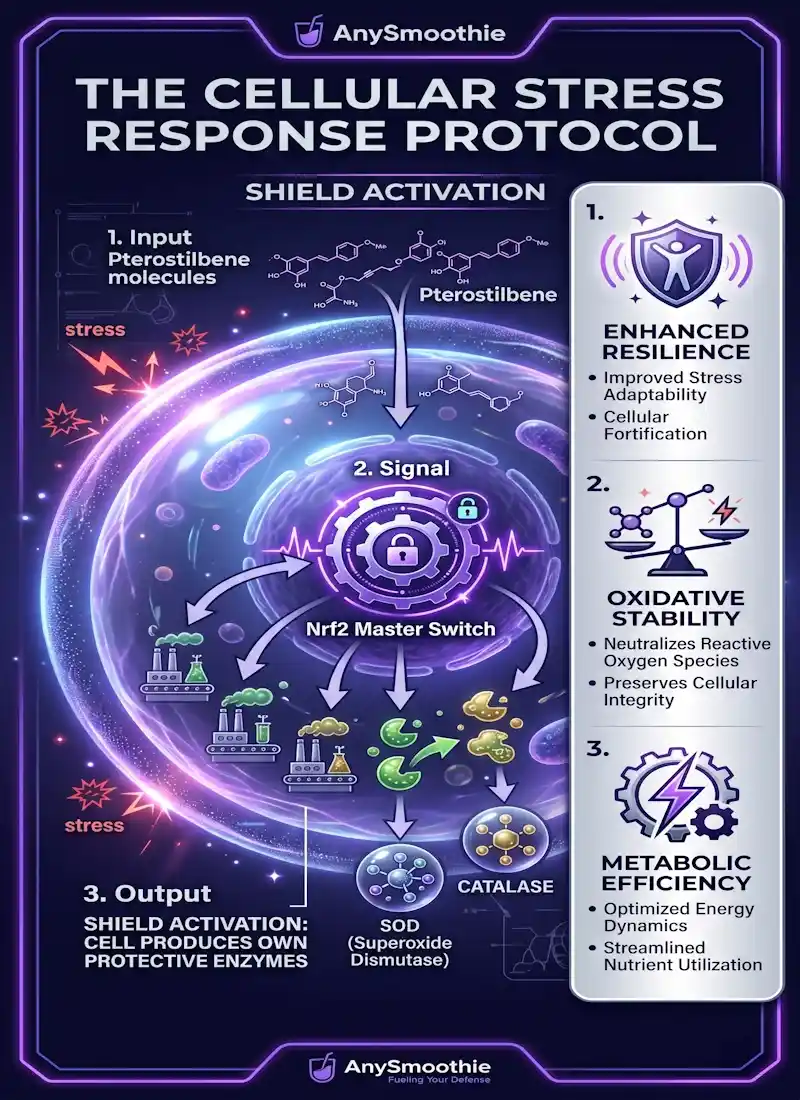 Professional infographic for AnySmoothie titled The Cellular Stress Response Protocol, illustrating how pterostilbene molecules trigger Nrf2 activation to produce SOD and Catalase enzymes for enhanced cellular resilience and oxidative stability.
