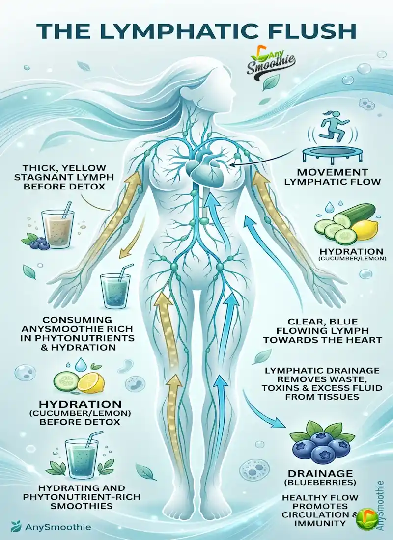 Infographic titled The Lymphatic Flush by AnySmoothie showing the process of smoothies for lymphatic drainage, transitioning stagnant yellow lymph into clear blue fluid flowing toward the heart.