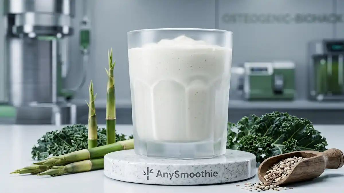A high-tech frosted glass of creamy white AnySmoothie on a laser-etched granite coaster, surrounded by bamboo shoots and kale, designed as one of the premier smoothies for bone morphogenetic protein pathways and structural strength.