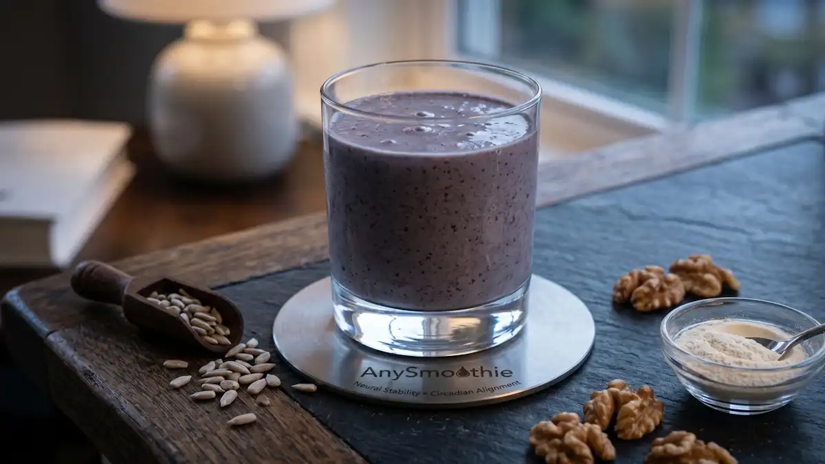 A minimalist heavy-bottomed glass of grey-lavender blueberry and sunflower lecithin smoothie by AnySmoothie, formulation designed for cortisol rhythm optimization. The glass rests on a laser-etched titanium coaster, surrounded by raw walnuts, sunflower seeds, and a small glass dish with pure phosphatidylserine powder under cool evening lighting.