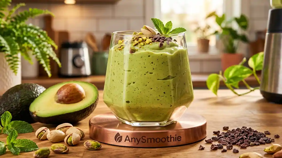 A high-performance AnySmoothie pistachio and avocado green smoothie in an angular glass, featuring raw cacao nibs and whole pistachios to represent a CoQ10 smoothie for electron transport chain support.