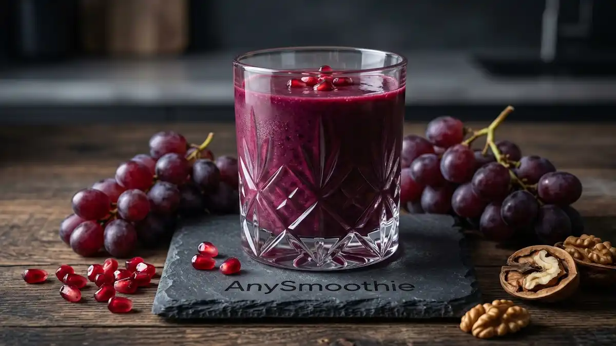 High-end purple berry and grape AnySmoothie in a crystal glass on a volcanic stone coaster, featuring ingredients like dark grapes, pomegranate seeds, and walnuts, illustrating a resveratrol smoothie for redox signaling and cellular optimization.