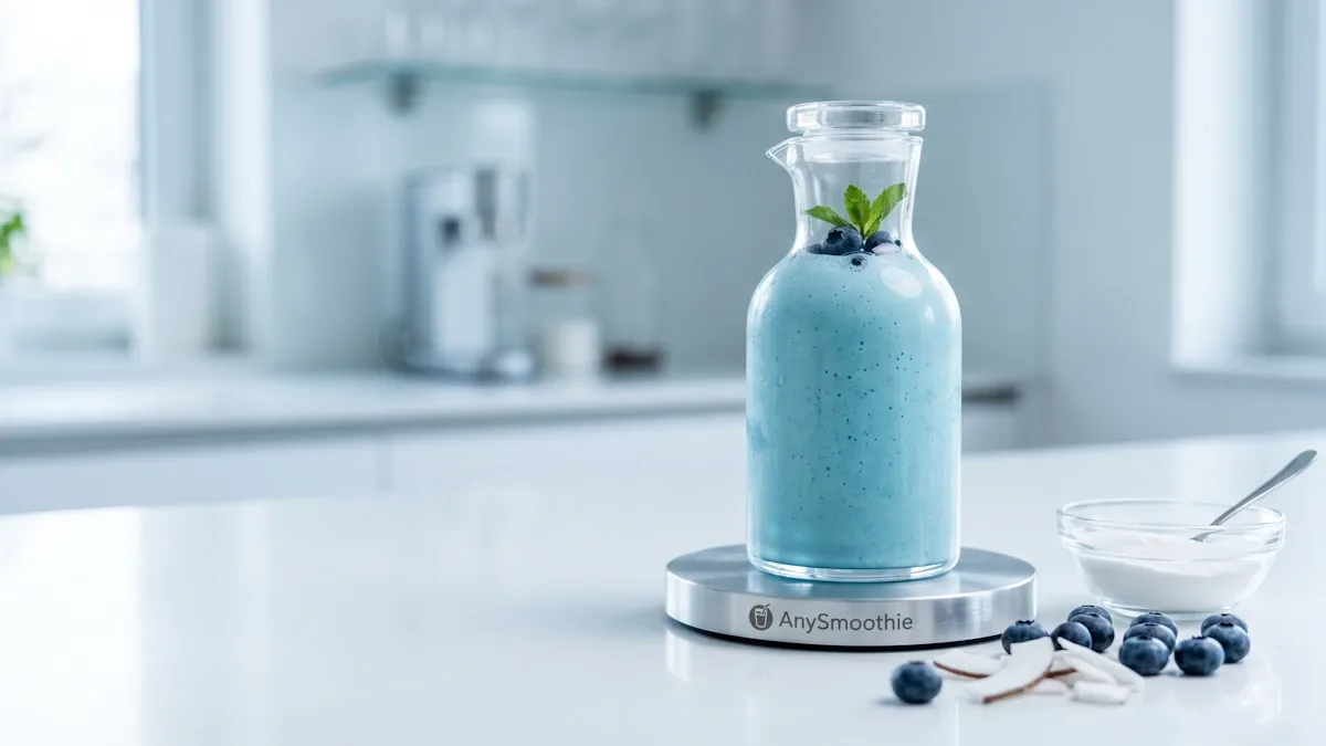 A high-performance light-blue smoothie in a minimalist glass decanter on a laser-etched AnySmoothie aluminum coaster, featuring D-Ribose powder, fresh blueberries, and coconut shards for supporting physiological systems.