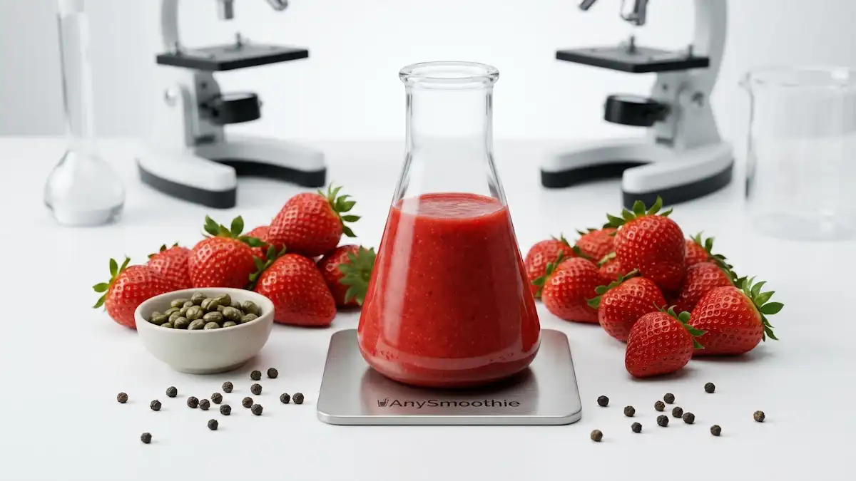 A high-tech shot of a vibrant red strawberry smoothie in a laboratory flask on a laser-etched AnySmoothie titanium coaster. Surrounded by fresh strawberries, capers, and black peppercorns to illustrate senolytic ingredient smoothies for cellular renewal in a clinical setting.