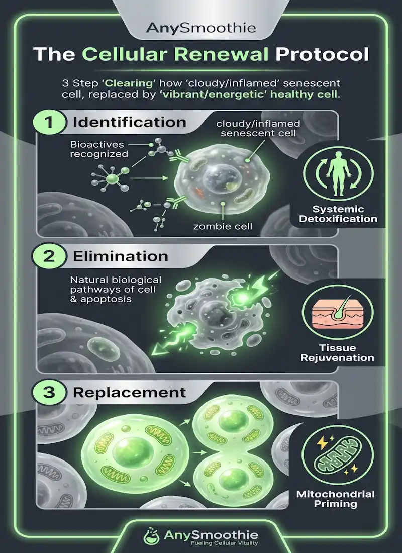 Infographic titled 'The Cellular Renewal Protocol' for AnySmoothie, detailing the three-stage biochemical process of senolytic ingredient smoothies for cellular renewal: Identification of senescent cells, elimination via natural apoptotic pathways, and tissue replacement through healthy cell division.