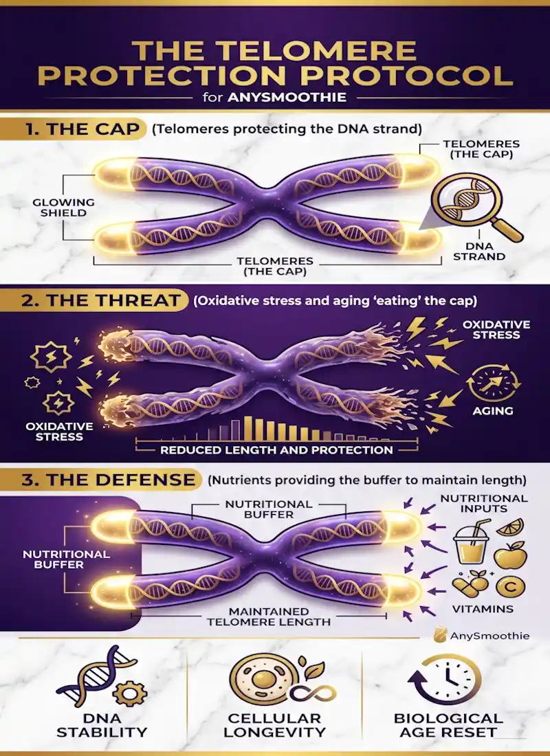 Professional vertical infographic titled The Telomere Protection Protocol for AnySmoothie, illustrating chromosomal DNA stability and nutrient-based defense against oxidative stress in royal gold and galactic purple.