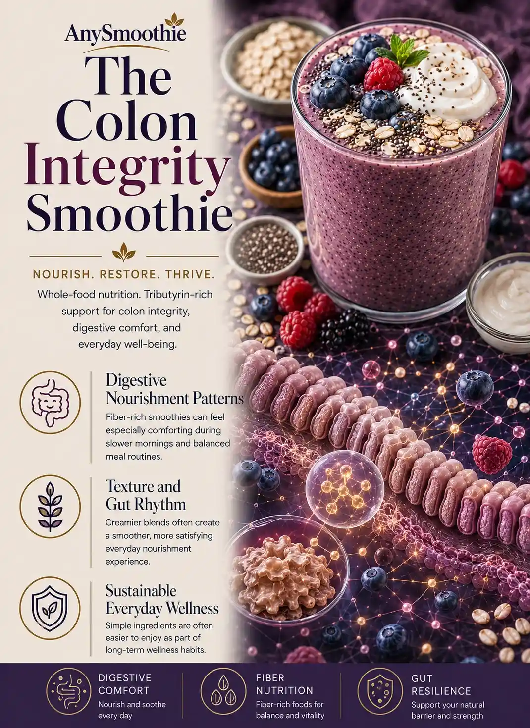 Premium wellness-science editorial infographic for tributyrin smoothies for colon integrity featuring fiber-rich berry and oat smoothie nutrition, digestive wellness support, gut resilience nourishment, and cinematic intestinal-barrier-inspired biological visuals.
