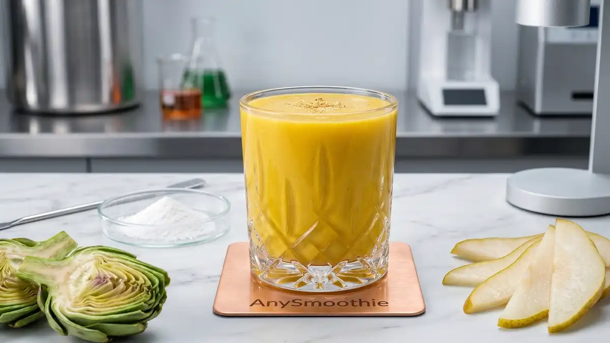 A clinical aesthetic photo of a golden yellow AnySmoothie in a faceted glass, flanked by fresh artichoke and taurine powder, designed for optimizing TUDCA smoothies for bile acid metabolism.