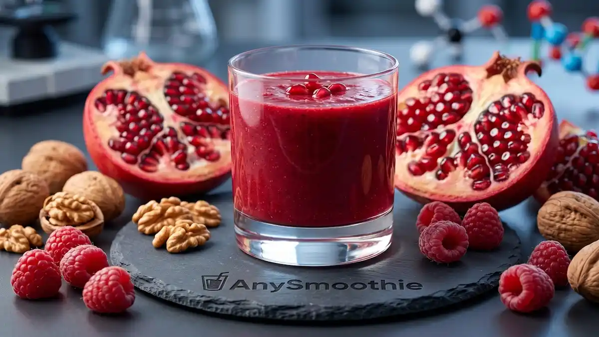 A high-performance shot of a deep-red pomegranate smoothie by AnySmoothie in a minimalist glass, featuring laser-etched branding. The image showcases glowing pomegranate arils, walnuts, and raspberries, symbolizing the biochemical mechanics of a urolithin A smoothie for mitophagy optimization and mitochondrial renewal.
