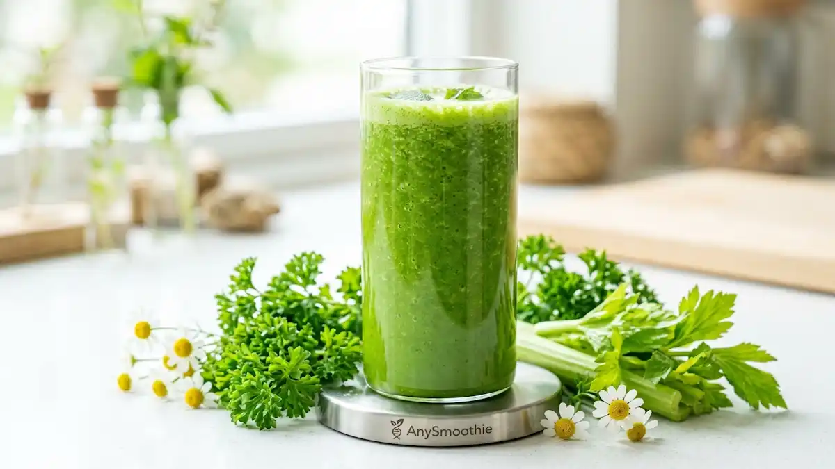 High-performance green smoothie in a minimalist glass cylinder featuring parsley, celery, and chamomile, designed to optimize natural pathways for CD38 enzyme regulation through apigenin-rich ingredients.