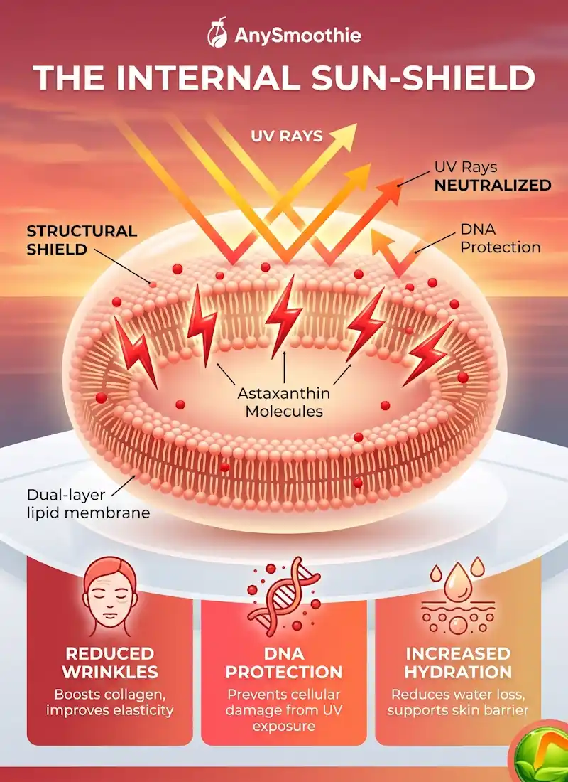Infographic for AnySmoothie titled 'The Internal Sun-Shield' showing how astaxanthin molecules protect skin cell membranes from UV rays and oxidative stress.