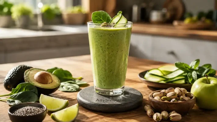 Avocado mannoheptulose metabolic flow smoothie with spinach, cucumber, chia seeds, pistachios, and lime served in an artisan glass on a stone coaster in a warm modern kitchen