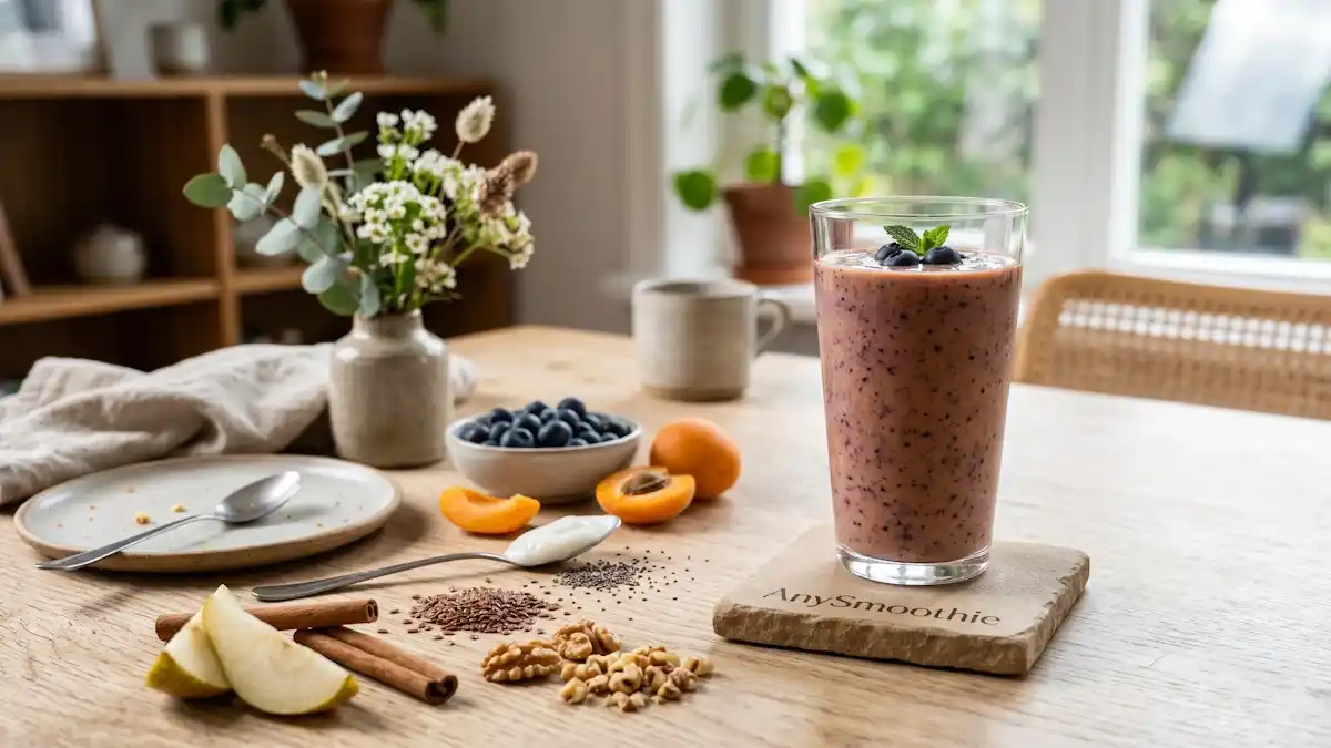 Creamy blueberry apricot smoothie in a tall glass on an engraved AnySmoothie sandstone coaster, surrounded by walnuts, chia seeds, and pear slices on a wooden table, ideal for balanced smoothies for hashimoto nutrition routines.