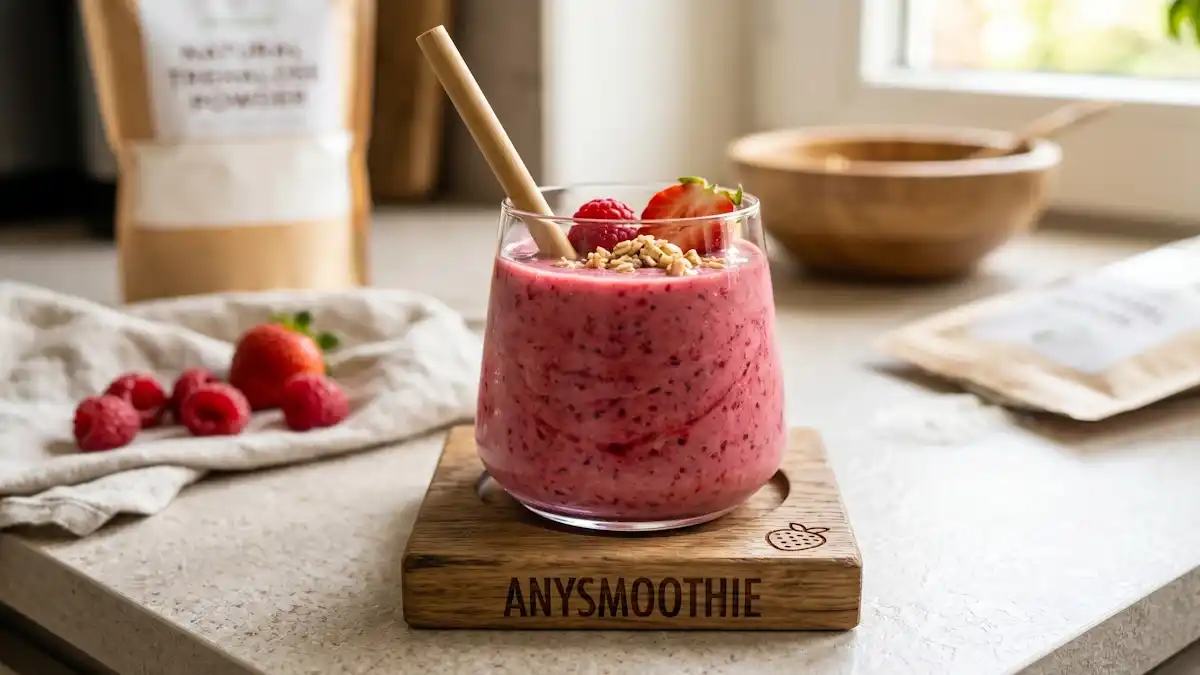 A vibrant pink berry smoothie topped with fresh raspberries, a strawberry slice, and granola, served with a wooden straw in a glass on an AnySmoothie coaster. This functional beverage represents the best trehalose smoothie for protein folding, photographed on a bright kitchen counter next to natural ingredient pouches.